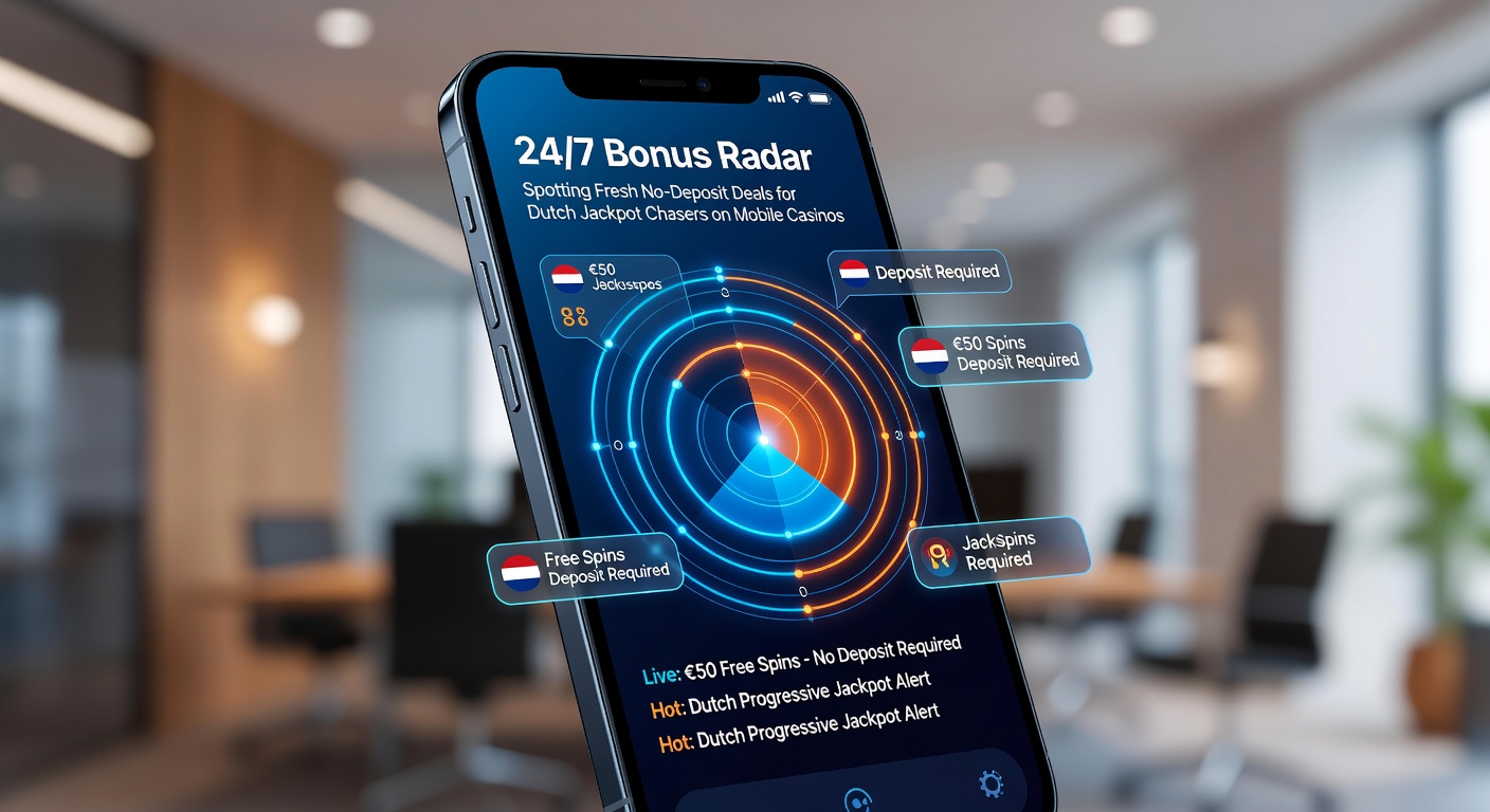 Mobiele interface van een casino-app met actieve no-deposit bonuspop-up, jackpot-meter op de achtergrond en Nederlandse tekst voor gratis spins