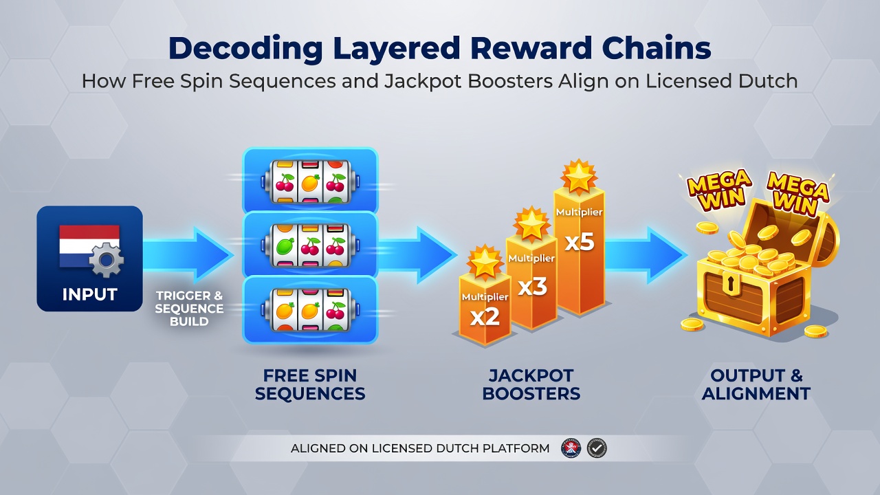 Diagram van hoe free spin sequenties en jackpot boosters op elkaar aansluiten in mobiele casino apps