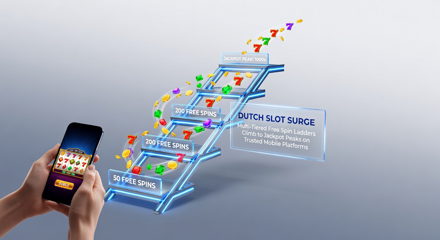 Dichtbij shot van een free spin ladder op een smartphone-scherm, met glowende tiers en een naderende jackpotmeter op volle capaciteit
