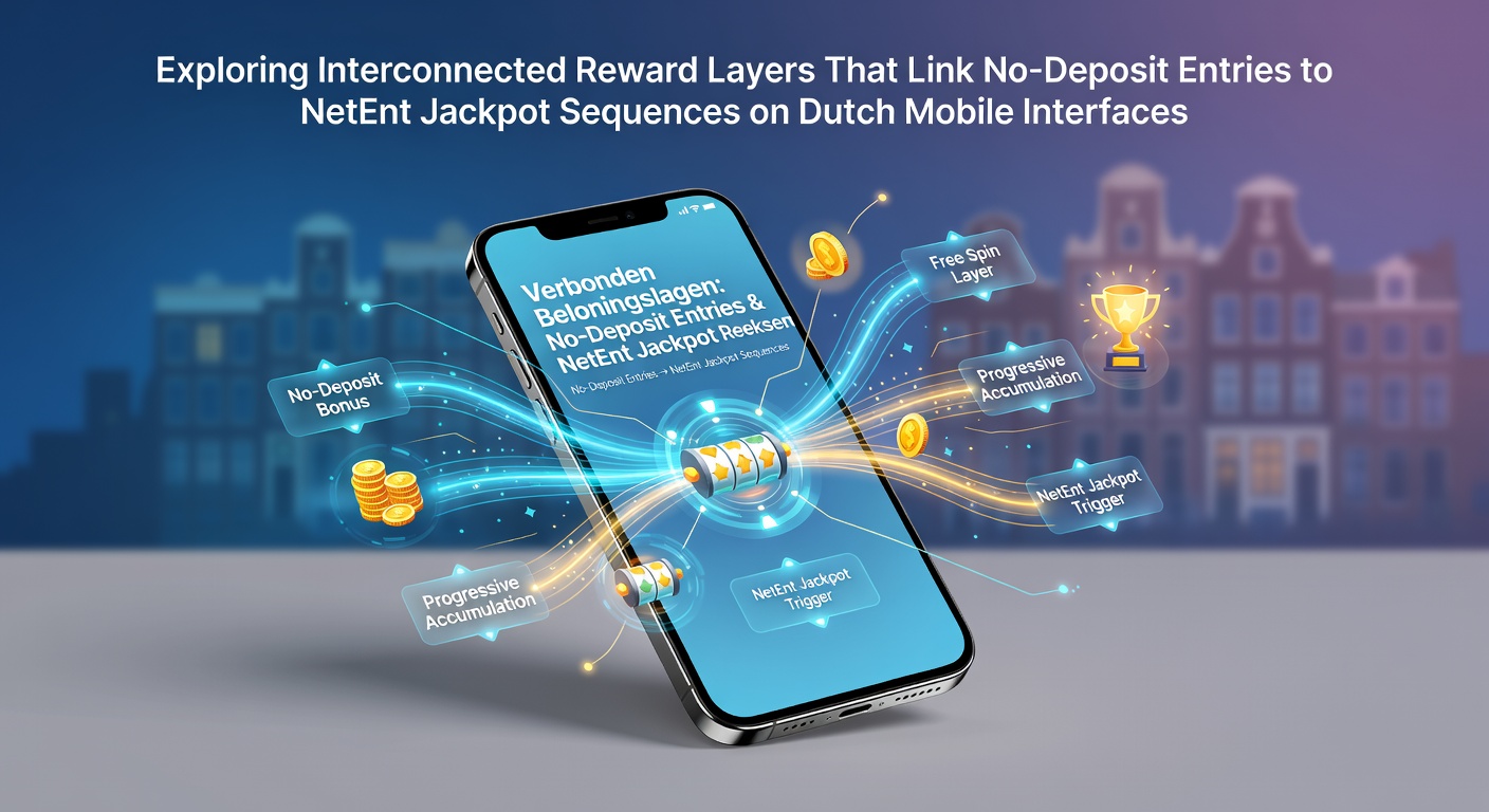 Illustratie van verbonden beloningslagen in mobiele casino interfaces met NetEnt jackpots en no-deposit elementen