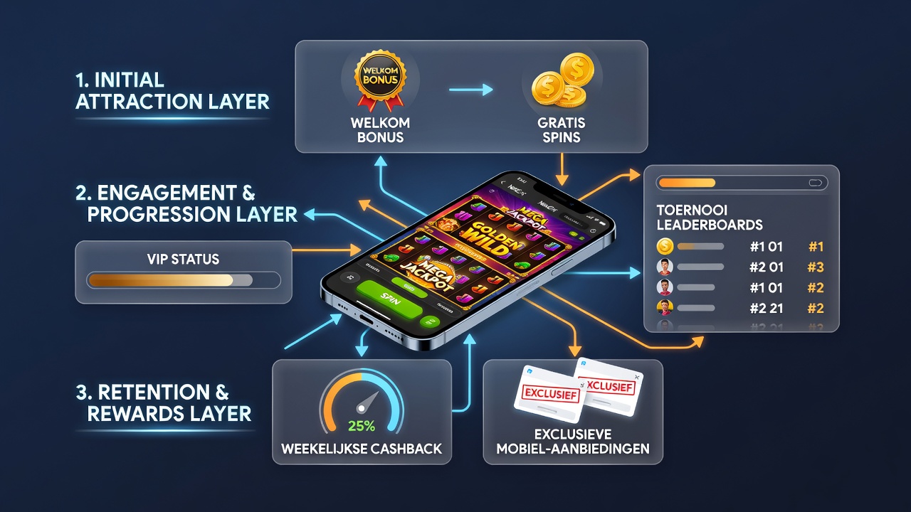 Illustratie van gelaagde promoties in NetEnt slots op mobiele schermen met Nederlandse spelers