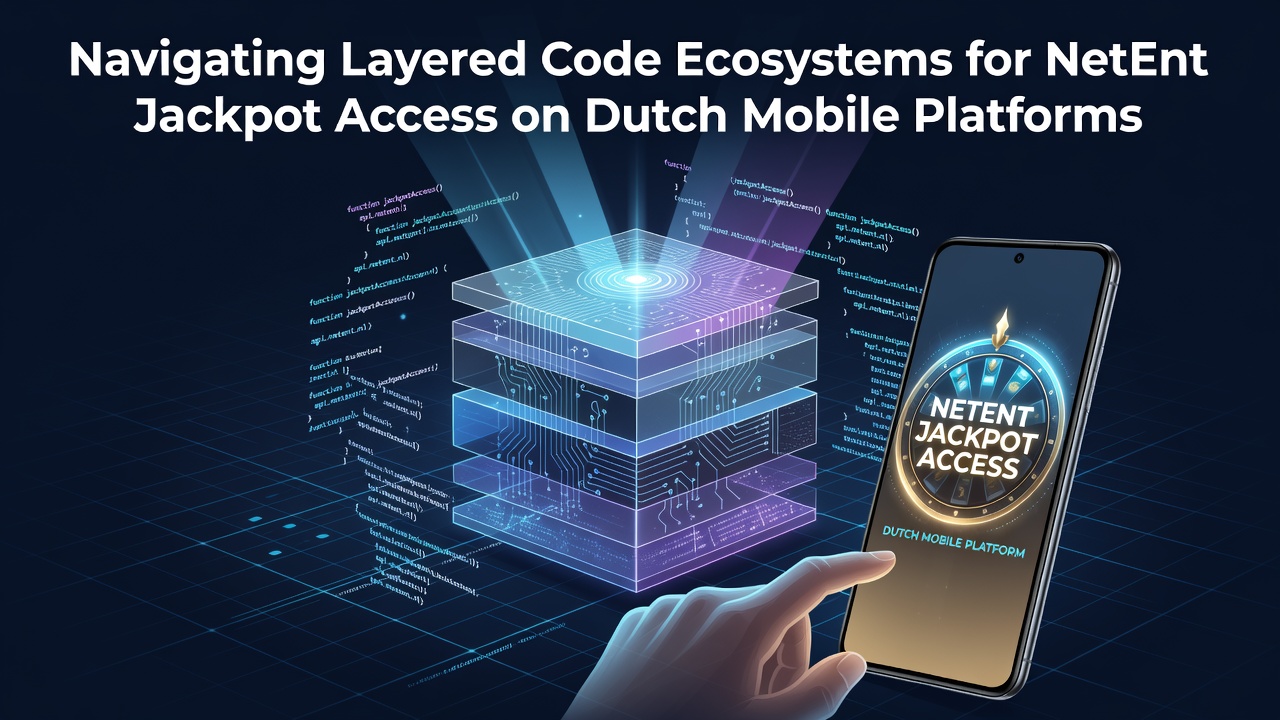 Illustratie van mobiele interfaces met NetEnt jackpot systemen en code lagen op Nederlandse platforms