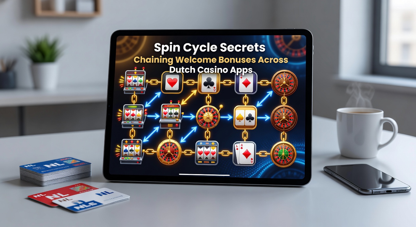 Grafische weergave van een keten welcome bonussen die over meerdere casino apps lopen, met Nederlandse vlag en slot symbolen