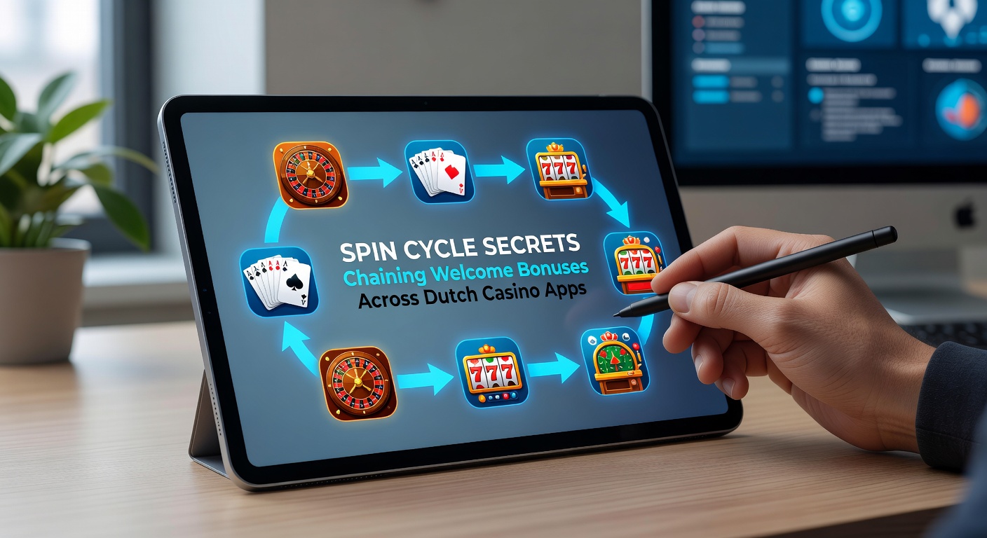 Schermafbeelding van meerdere Nederlandse casino apps met actieve welcome bonus pop-ups en keten diagrammen