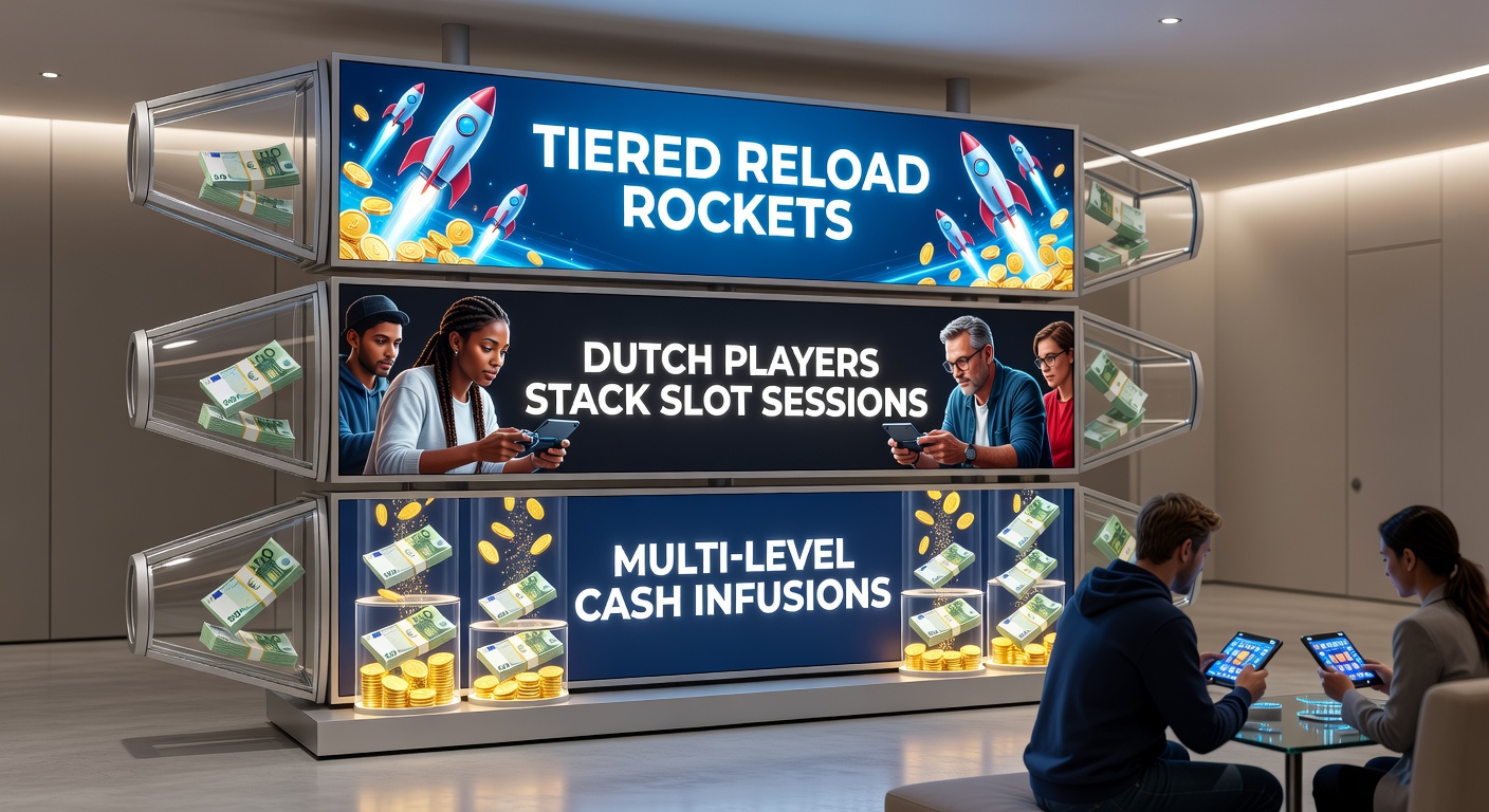 Voorbeeld van een tiered reload bonus structuur op een Nederlands slot platform, met grafische weergave van stacked cash levels