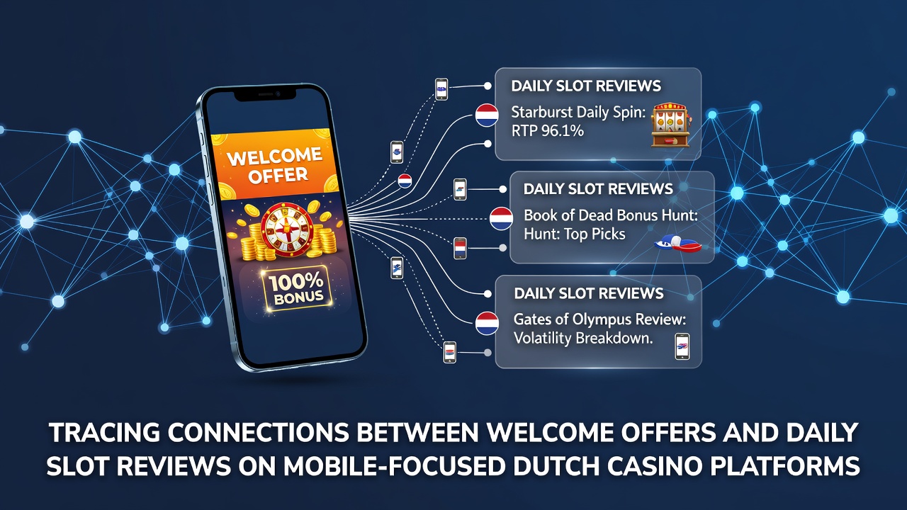 Mobiele casino interface met welkomstbonussen en slotrecensies op Nederlandse platforms