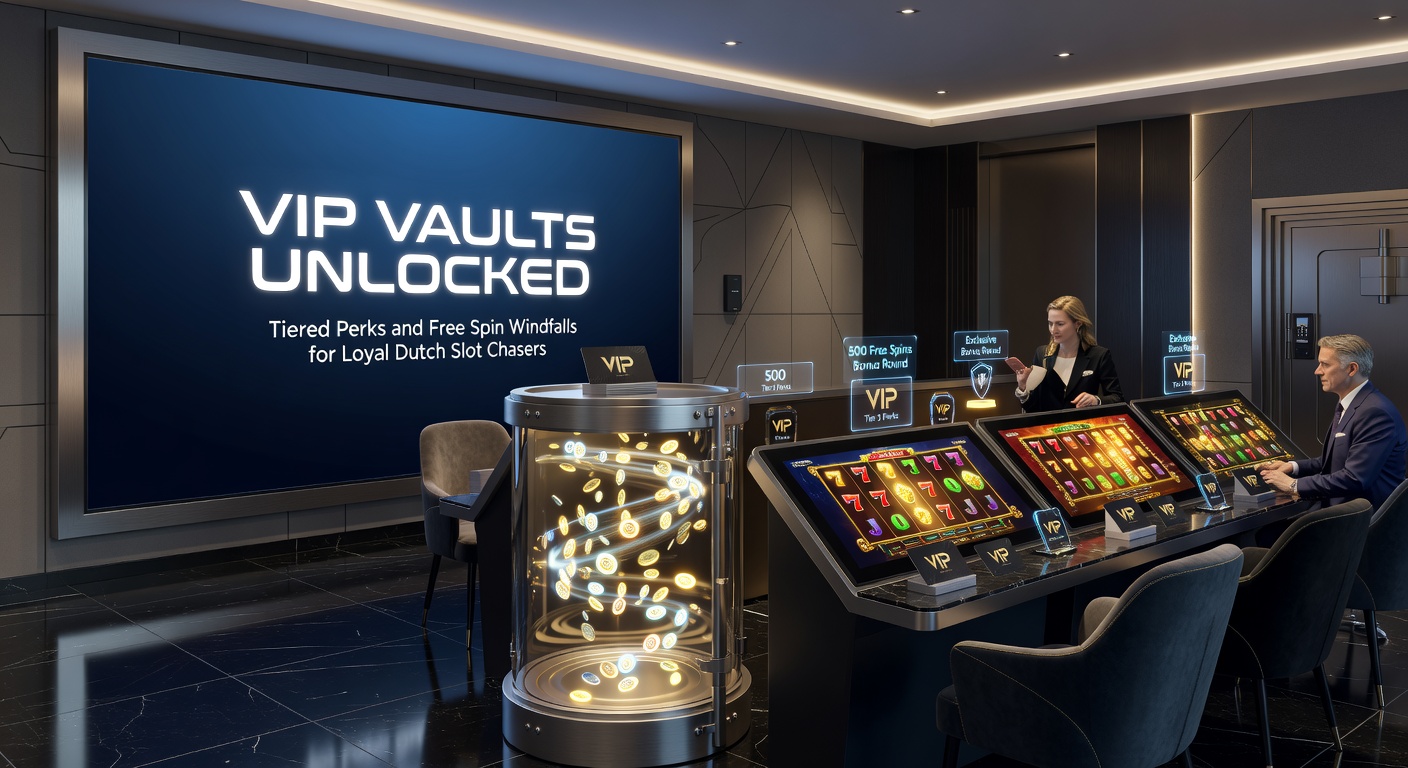 Slotmachine met VIP-tier symbolen en een regen van free spins vallend op een Nederlands casino-platform